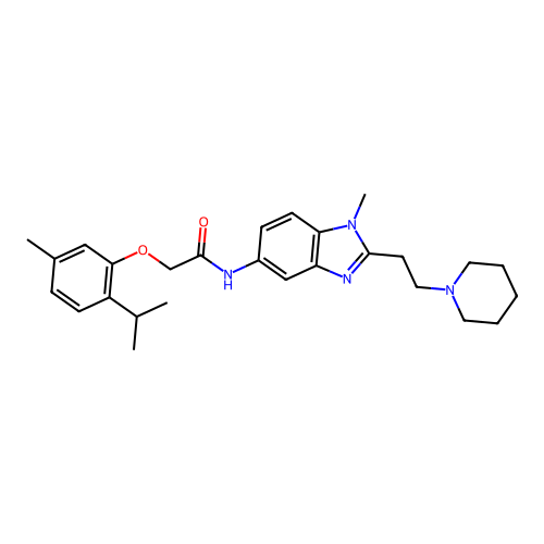 2-(2-isopropyl-5-methylphenoxy)-N-(1-methyl-2-(2-(piperidin-1-yl)ethyl)-1H-benzo[d]imidazol-5-yl)acetamide structure