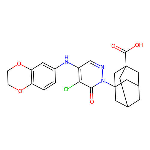 (1r,3s,5R,7S)-3-(5-chloro-4-((2,3-dihydrobenzo[b][1,4]dioxin-6-yl)amino)-6-oxopyridazin-1(6H)-yl)adamantane-1-carboxylic acid structure