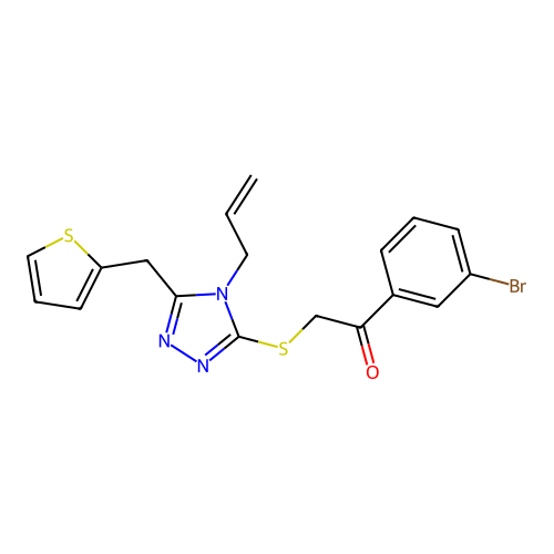 1-(3-bromophenyl)-2-[[4-prop-2-enyl-5-(thiophen-2-ylmethyl)-1,2,4-triazol-3-yl]sulfanyl]ethanone structure