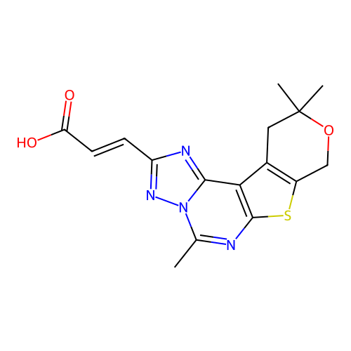 (2E)-3-(5,10,10-trimethyl-10,11-dihydro-8H-pyrano[4',3':4,5]thieno[3,2-e][1,2,4]triazolo[1,5-c]pyrimidin-2-yl)prop-2-enoic acid structure
