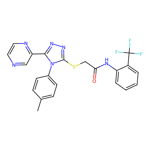 2-{[4-(4-methylphenyl)-5-(pyrazin-2-yl)-4H-1,2,4-triazol-3-yl]sulfanyl}-N-[2-(trifluoromethyl)phenyl]acetamide structure
