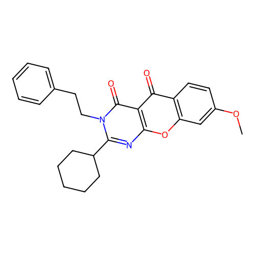 2-cyclohexyl-8-methoxy-3-phenethyl-3H-chromeno[2,3-d]pyrimidine-4,5-dione structure