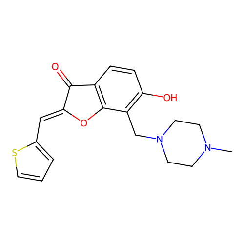(Z)-6-hydroxy-7-((4-methylpiperazin-1-yl)methyl)-2-(thiophen-2-ylmethylene)benzofuran-3(2H)-one structure