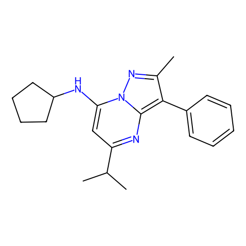 N-cyclopentyl-2-methyl-3-phenyl-5-(propan-2-yl)pyrazolo[1,5-a]pyrimidin-7-amine structure