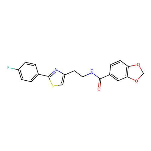 N-[2-[2-(4-fluorophenyl)-1,3-thiazol-4-yl]ethyl]-1,3-benzodioxole-5-carboxamide structure