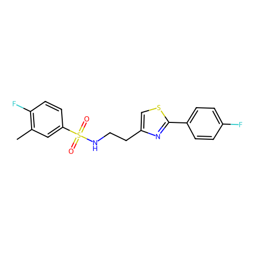 4-fluoro-N-(2-(2-(4-fluorophenyl)thiazol-4-yl)ethyl)-3-methylbenzenesulfonamide structure