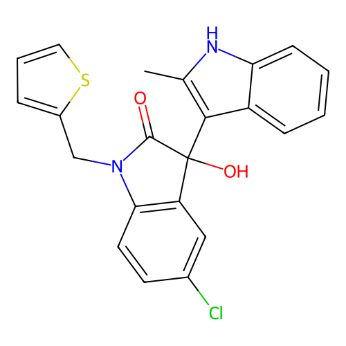 5'-chloro-3'-hydroxy-2-methyl-1'-(thiophen-2-ylmethyl)-1',3'-dihydro-1H,2'H-3,3'-biindol-2'-one structure