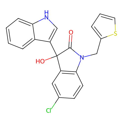 5-chloro-3-hydroxy-3-(1H-indol-3-yl)-1-(thiophen-2-ylmethyl)indolin-2-one structure