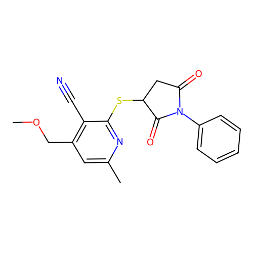 2-((2,5-dioxo-1-phenylpyrrolidin-3-yl)thio)-4-(methoxymethyl)-6-methylnicotinonitrile structure