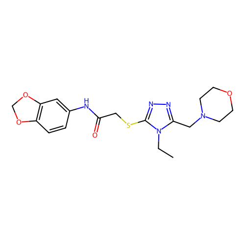 N-(1,3-benzodioxol-5-yl)-2-[[4-ethyl-5-(morpholin-4-ylmethyl)-1,2,4-triazol-3-yl]sulfanyl]acetamide structure