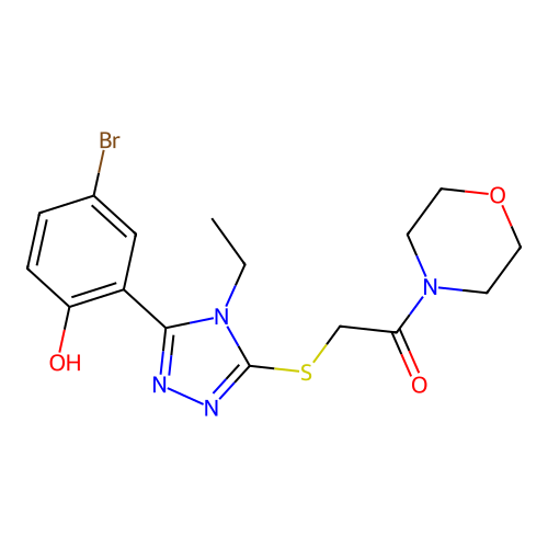 2-((5-(5-bromo-2-hydroxyphenyl)-4-ethyl-4H-1,2,4-triazol-3-yl)thio)-1-morpholinoethanone structure