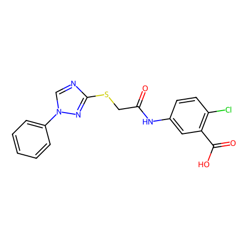 2-chloro-5-({[(1-phenyl-1H-1,2,4-triazol-3-yl)sulfanyl]acetyl}amino)benzoic acid structure