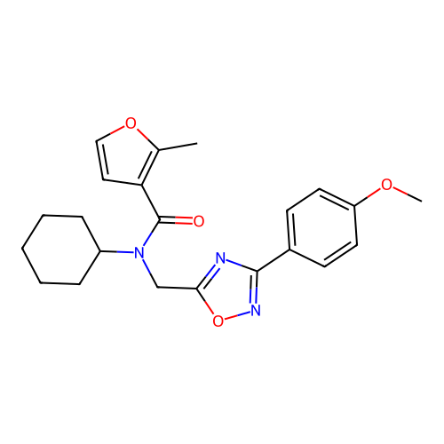N-cyclohexyl-N-((3-(4-methoxyphenyl)-1,2,4-oxadiazol-5-yl)methyl)-2-methylfuran-3-carboxamide structure