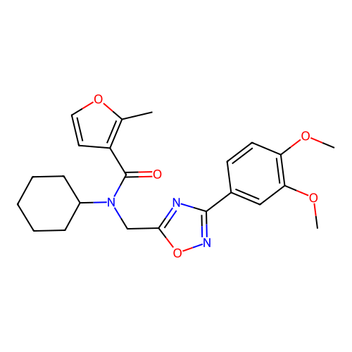 N-cyclohexyl-N-((3-(3,4-dimethoxyphenyl)-1,2,4-oxadiazol-5-yl)methyl)-2-methylfuran-3-carboxamide structure