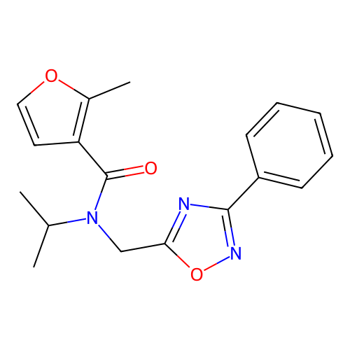 2-methyl-N-[(3-phenyl-1,2,4-oxadiazol-5-yl)methyl]-N-propan-2-ylfuran-3-carboxamide structure