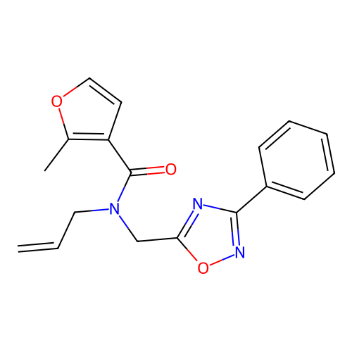 2-methyl-N-[(3-phenyl-1,2,4-oxadiazol-5-yl)methyl]-N-prop-2-enylfuran-3-carboxamide structure
