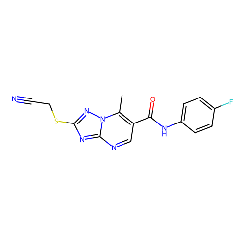 [2-(cyanomethylthio)-7-methyl(8-hydro-1,2,4-triazolo[1,5-a]pyrimidin-6-yl)]-N- (4-fluorophenyl)carboxamide structure