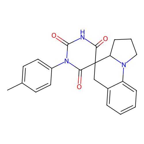 1-(4-methylphenyl)spiro[1,3-diazinane-5,4'-2,3,3a,5-tetrahydro-1H-pyrrolo[1,2-a]quinoline]-2,4,6-trione structure