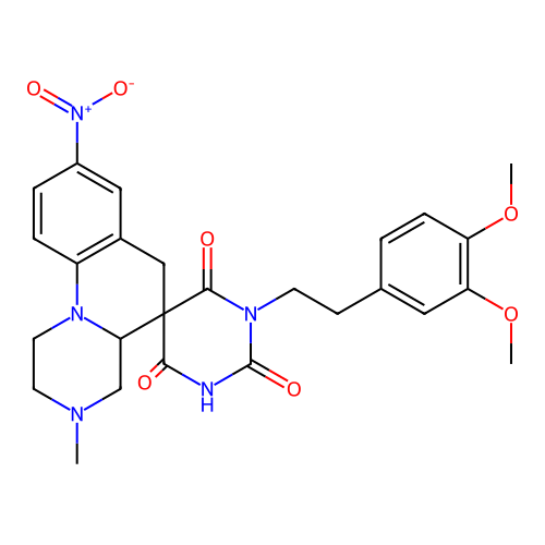 1'-(3,4-dimethoxyphenethyl)-3-methyl-8-nitro-1,2,3,4,4a,6-hexahydro-1'H-spiro[pyrazino[1,2-a]quinoline-5,5'-pyrimidine]-2',4',6'(3'H)-trione structure