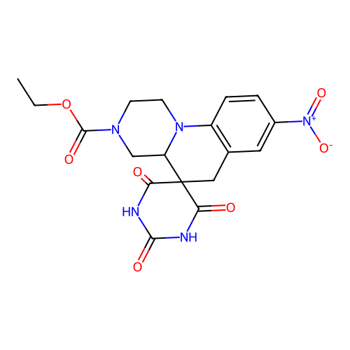 ethyl 2',6'-dihydroxy-8-nitro-4'-oxo-1,2,4,4a-tetrahydro-3H,4'H,6H-spiro[pyrazino[1,2-a]quinoline-5,5'-pyrimidine]-3-carboxylate structure