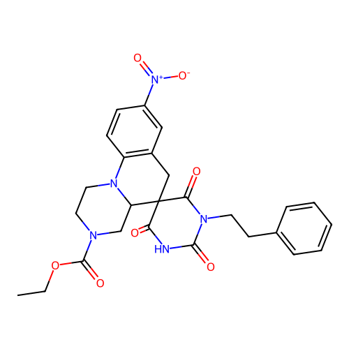 ethyl 4'-hydroxy-8-nitro-2',6'-dioxo-1'-(2-phenylethyl)-1,1',2,4,4a,6'-hexahydro-2'H,3H,6H-spiro[pyrazino[1,2-a]quinoline-5,5'-pyrimidine]-3-carboxylate structure