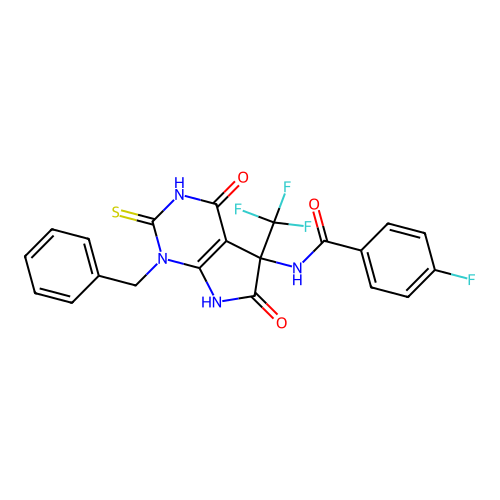 N-(1-benzyl-4,6-dioxo-2-thioxo-5-(trifluoromethyl)-2,3,4,5,6,7-hexahydro-1H-pyrrolo[2,3-d]pyrimidin-5-yl)-4-fluorobenzamide structure