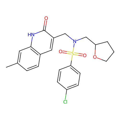 4-chloro-N-[(7-methyl-2-oxo-1H-quinolin-3-yl)methyl]-N-(oxolan-2-ylmethyl)benzenesulfonamide structure
