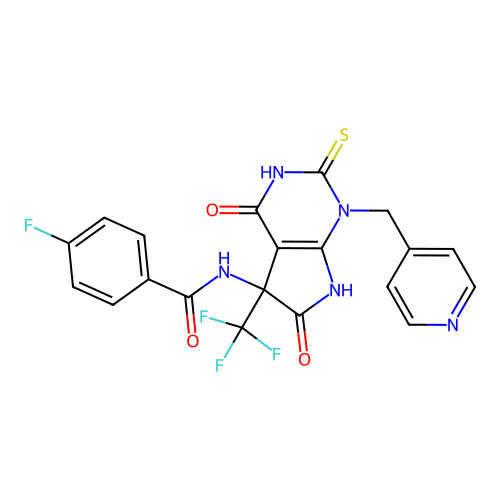 N-(4,6-dioxo-1-(pyridin-4-ylmethyl)-2-thioxo-5-(trifluoromethyl)-2,3,4,5,6,7-hexahydro-1H-pyrrolo[2,3-d]pyrimidin-5-yl)-4-fluorobenzamide structure