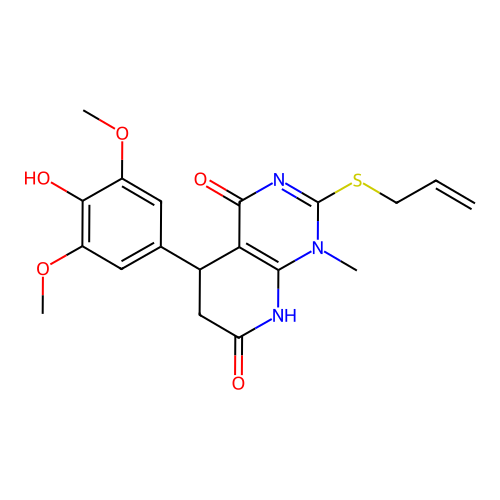 2-(allylthio)-5-(4-hydroxy-3,5-dimethoxyphenyl)-1-methyl-5,6-dihydropyrido[2,3-d]pyrimidine-4,7(1H,8H)-dione structure