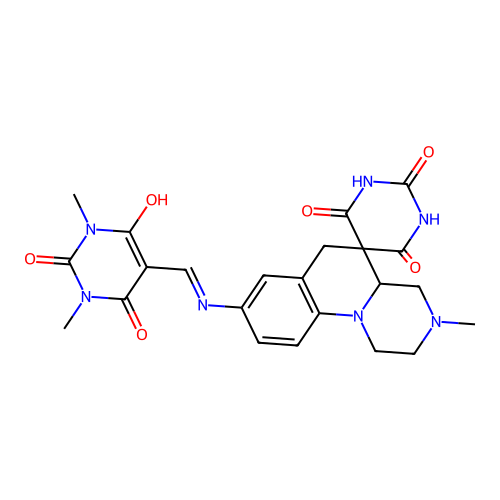 5-{[(2',6'-dihydroxy-3-methyl-4'-oxo-2,3,4,4a-tetrahydro-1H,4'H,6H-spiro[pyrazino[1,2-a]quinoline-5,5'-pyrimidin]-8-yl)amino]methylidene}-1,3-dimethylpyrimidine-2,4,6(1H,3H,5H)-trione structure