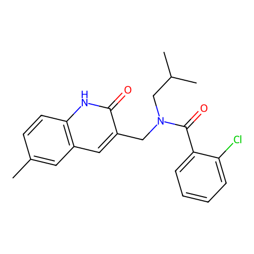 2-chloro-N-[(6-methyl-2-oxo-1H-quinolin-3-yl)methyl]-N-(2-methylpropyl)benzamide structure