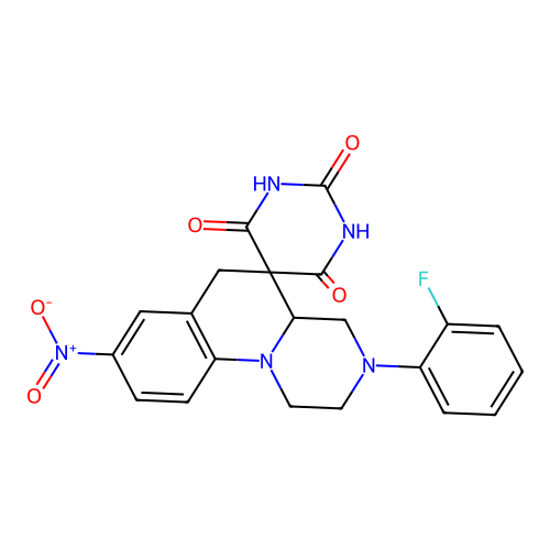 3'-(2-fluorophenyl)-8'-nitrospiro[1,3-diazinane-5,5'-2,4,4a,6-tetrahydro-1H-pyrazino[1,2-a]quinoline]-2,4,6-trione structure