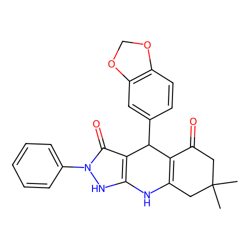4-(1,3-benzodioxol-5-yl)-3-hydroxy-7,7-dimethyl-2-phenyl-2,4,6,7,8,9-hexahydro-5H-pyrazolo[3,4-b]quinolin-5-one structure