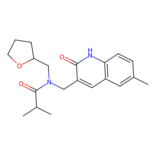 2-methyl-N-[(6-methyl-2-oxo-1H-quinolin-3-yl)methyl]-N-(oxolan-2-ylmethyl)propanamide structure