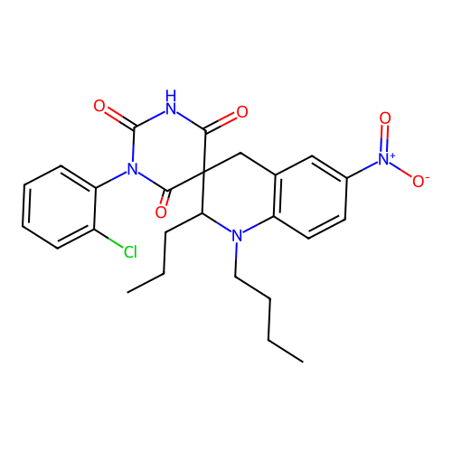 1'-butyl-1-(2-chlorophenyl)-6'-nitro-2'-propyl-2',4'-dihydro-1H,1'H-spiro[pyrimidine-5,3'-quinoline]-2,4,6(3H)-trione structure