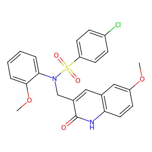4-chloro-N-[(6-methoxy-2-oxo-1H-quinolin-3-yl)methyl]-N-(2-methoxyphenyl)benzenesulfonamide structure