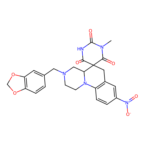 3'-(1,3-benzodioxol-5-ylmethyl)-1-methyl-8'-nitrospiro[1,3-diazinane-5,5'-2,4,4a,6-tetrahydro-1H-pyrazino[1,2-a]quinoline]-2,4,6-trione structure