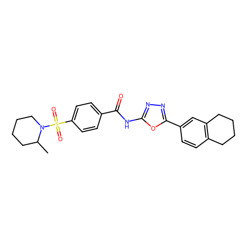 4-((2-methylpiperidin-1-yl)sulfonyl)-N-(5-(5,6,7,8-tetrahydronaphthalen-2-yl)-1,3,4-oxadiazol-2-yl)benzamide structure