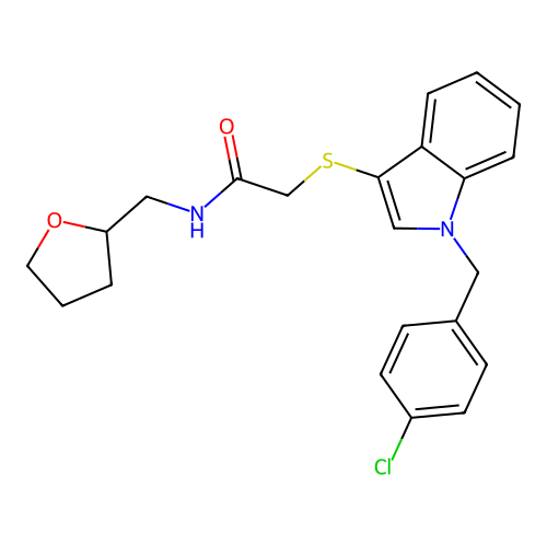 2-[1-[(4-chlorophenyl)methyl]indol-3-yl]sulfanyl-N-(oxolan-2-ylmethyl)acetamide structure