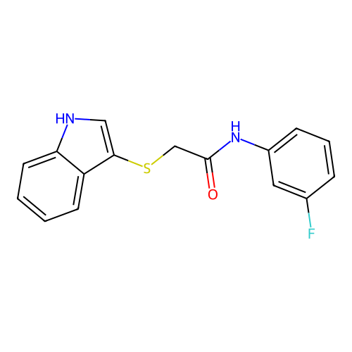 N-(3-fluorophenyl)-2-(1H-indol-3-ylsulfanyl)acetamide structure