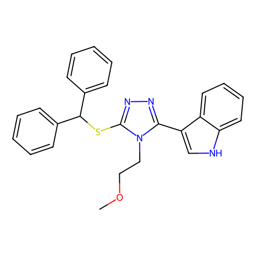 3-(5-(benzhydrylthio)-4-(2-methoxyethyl)-4H-1,2,4-triazol-3-yl)-1H-indole structure
