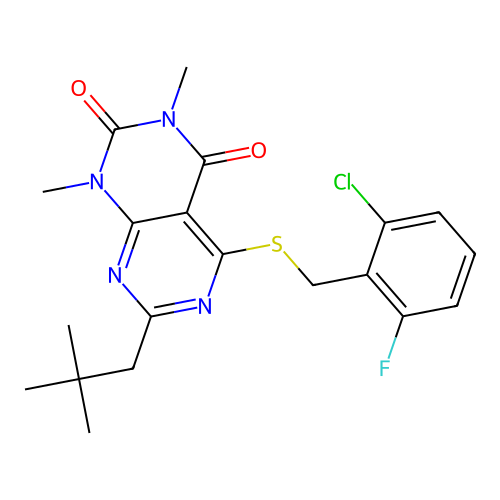 5-((2-chloro-6-fluorobenzyl)thio)-1,3-dimethyl-7-neopentylpyrimido[4,5-d]pyrimidine-2,4(1H,3H)-dione structure