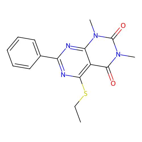 5-(ethylthio)-1,3-dimethyl-7-phenylpyrimido[4,5-d]pyrimidine-2,4(1H,3H)-dione structure