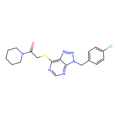2-((3-(4-chlorobenzyl)-3H-[1,2,3]triazolo[4,5-d]pyrimidin-7-yl)thio)-1-(piperidin-1-yl)ethanone structure