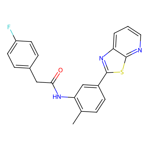 2-(4-fluorophenyl)-N-(2-methyl-5-(thiazolo[5,4-b]pyridin-2-yl)phenyl)acetamide structure