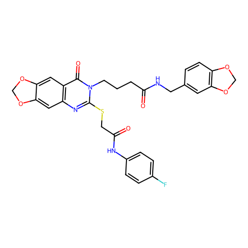 N-[(2H-1,3-benzodioxol-5-yl)methyl]-4-[6-({[(4-fluorophenyl)carbamoyl]methyl}sulfanyl)-8-oxo-2H,7H,8H-[1,3]dioxolo[4,5-g]quinazolin-7-yl]butanamide structure