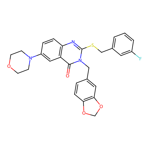 3-[(2H-1,3-benzodioxol-5-yl)methyl]-2-{[(3-fluorophenyl)methyl]sulfanyl}-6-(morpholin-4-yl)-3,4-dihydroquinazolin-4-one structure