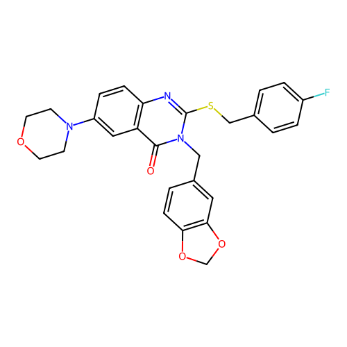 3-[(2H-1,3-benzodioxol-5-yl)methyl]-2-{[(4-fluorophenyl)methyl]sulfanyl}-6-(morpholin-4-yl)-3,4-dihydroquinazolin-4-one structure