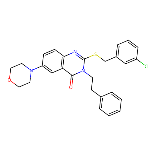 2-((3-chlorobenzyl)thio)-6-morpholino-3-phenethylquinazolin-4(3H)-one structure