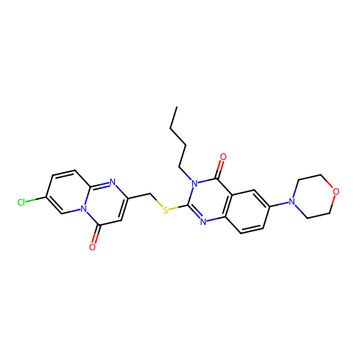 3-butyl-2-[({7-chloro-4-oxo-4H-pyrido[1,2-a]pyrimidin-2-yl}methyl)sulfanyl]-6-(morpholin-4-yl)-3,4-dihydroquinazolin-4-one structure